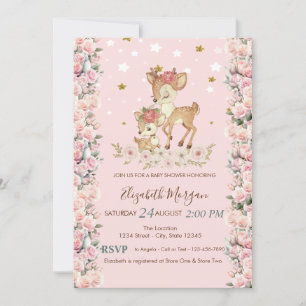 Cute Baby Deer Flowers Roses Stars Baby Shower  Invitation