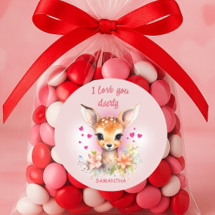 Cute Baby Deer Love You Pink Happy Valentines Day Classic Round Sticker