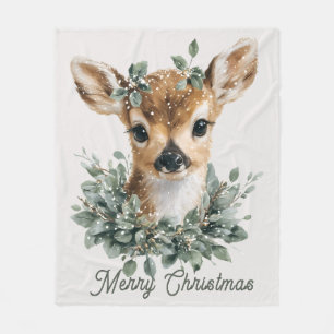 Cute Baby Deer Merry Christmas – Watercolor Fawn  Fleece Blanket