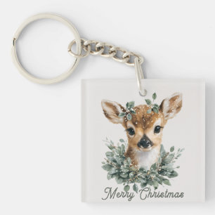 Cute Baby Deer Merry Christmas – Watercolor Fawn  Key Ring