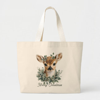 Cute Baby Deer Merry Christmas – Watercolor Fawn  Large Tote Bag