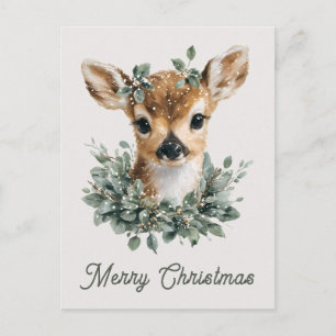 Cute Baby Deer Merry Christmas – Watercolor Fawn Postcard