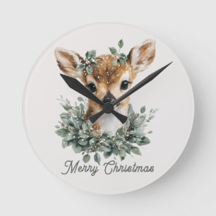 Cute Baby Deer Merry Christmas – Watercolor Fawn Round Clock