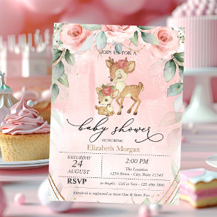 Cute Baby Deer Pink Roses Baby Shower  Invitation