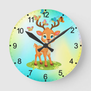 Cute Baby Deer Playing with Butterfles-23475 Round Clock