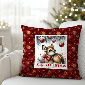 Cute Baby Deer Snowy Forest Kids Gift Christmas Cushion