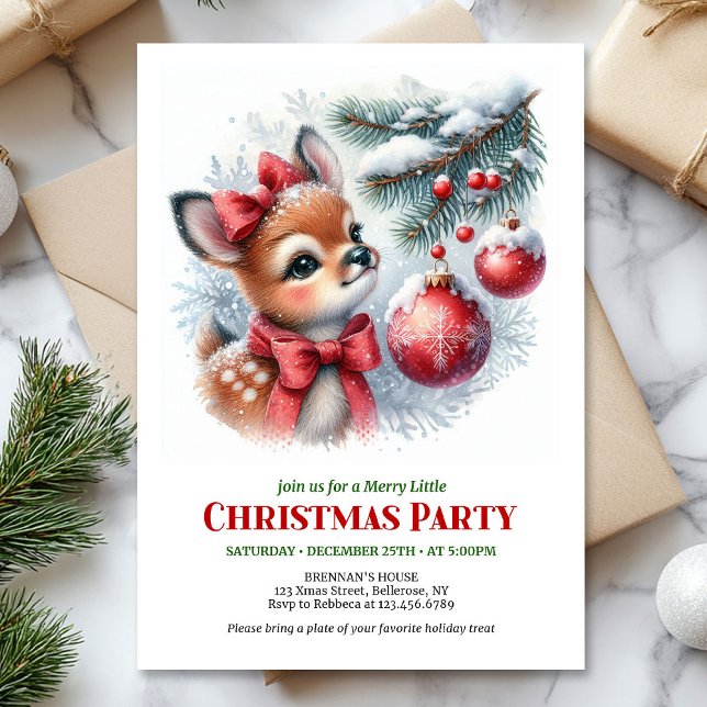 Cute baby deer watercolor Christmas kids invites (Cute baby deer watercolor Christmas kids invitation template)