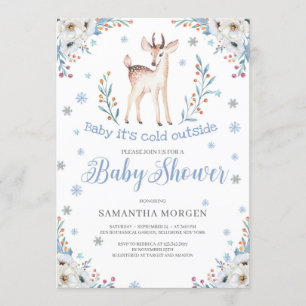 Cute baby deer winter blue floral boy baby shower invitation