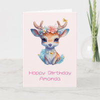 Cute Baby Deer with Antlers and Flowers Birthday