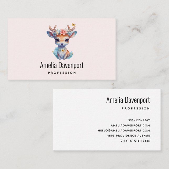 Cute Baby Deer with Antlers and Flowers Business Card (Front/Back)