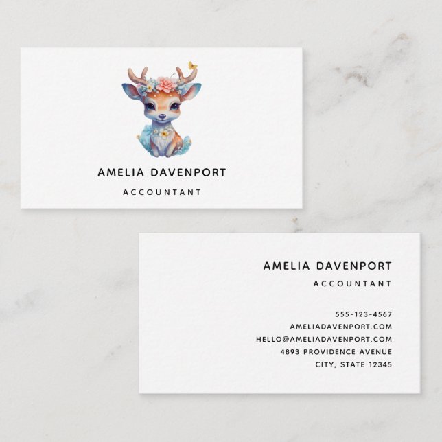 Cute Baby Deer with Antlers and Flowers Business Card (Front/Back)