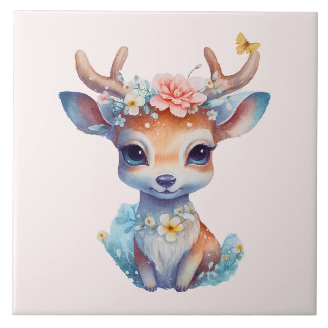Cute Baby Deer with Antlers and Flowers Ceramic Tile (Front)