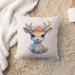 Cute Baby Deer with Antlers and Flowers Cushion