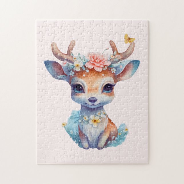 Cute Baby Deer with Antlers and Flowers Jigsaw Puzzle (Vertical)