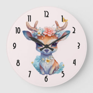 Cute Baby Deer with Antlers and Flowers Large Clock