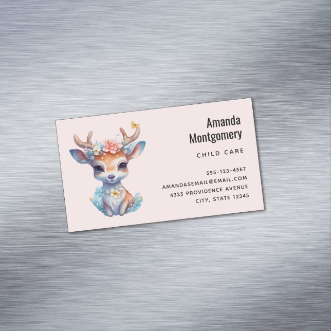 Cute Baby Deer with Antlers and Flowers Magnetic Business Card (In Situ)