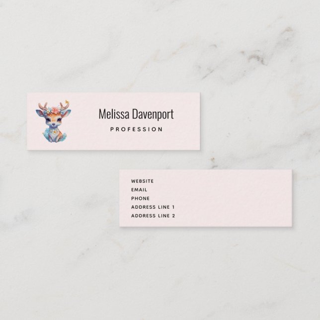 Cute Baby Deer with Antlers and Flowers Mini Business Card (Front/Back)