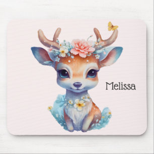 Cute Baby Deer with Antlers and Flowers Mouse Pad