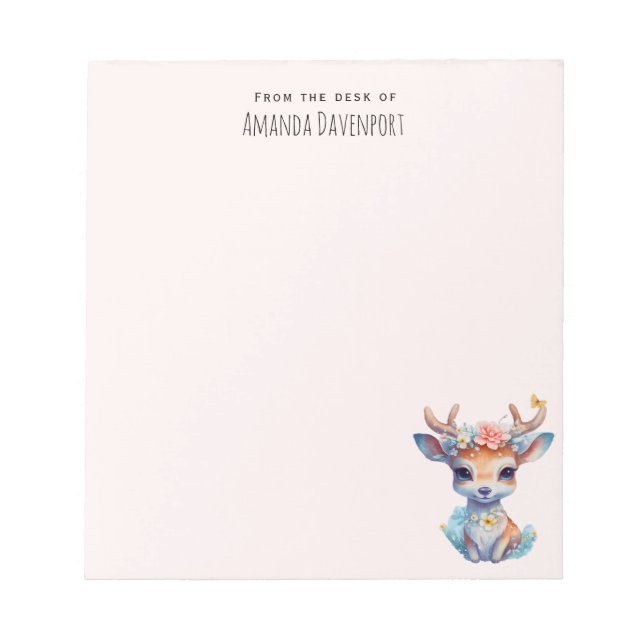 Cute Baby Deer with Antlers and Flowers Notepad (Front)