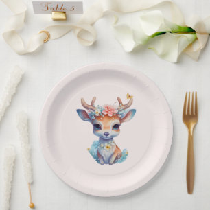 Cute Baby Deer with Antlers and Flowers Paper Plate