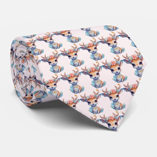 Cute Baby Deer with Antlers and Flowers Pattern Tie (Rolled)