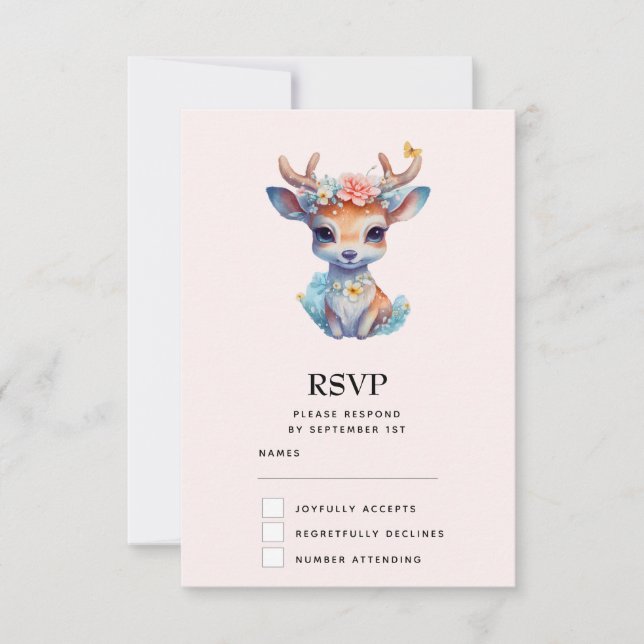 Cute Baby Deer with Antlers and Flowers RSVP Card (Front)
