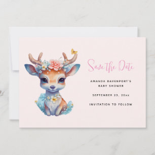 Cute Baby Deer with Antlers and Flowers Save The Date