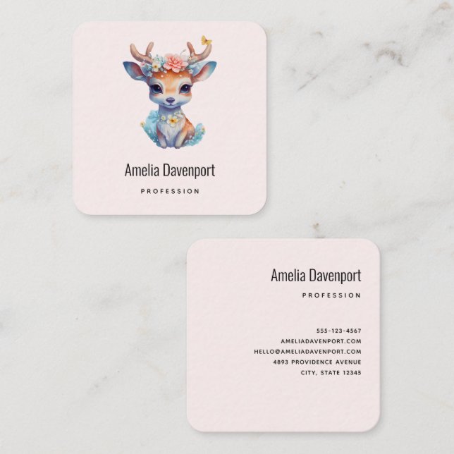 Cute Baby Deer with Antlers and Flowers Square Business Card (Front/Back)