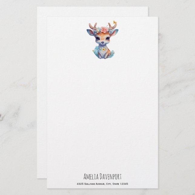 Cute Baby Deer with Antlers and Flowers Stationery (Front/Back)