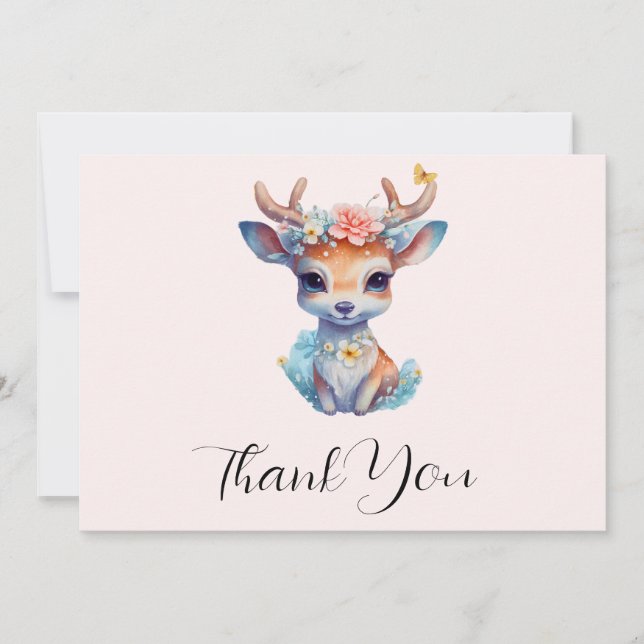 Cute Baby Deer with Antlers and Flowers Thank You Card (Front)
