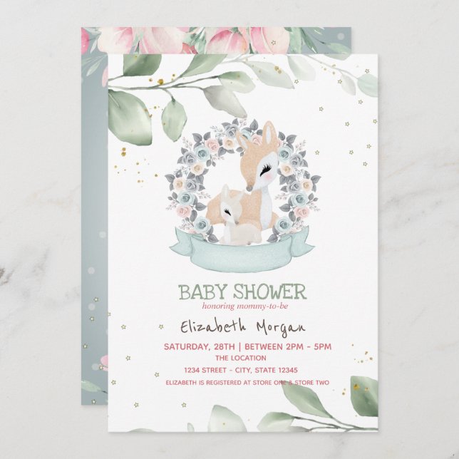 Cute Baby Deers Stars Leaves Baby Shower Invitation (Front/Back)