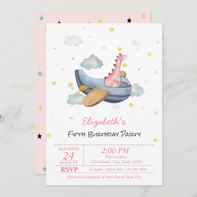 Cute Baby Dino Aeroplane Stars Birthday  Invitation (Front/Back)