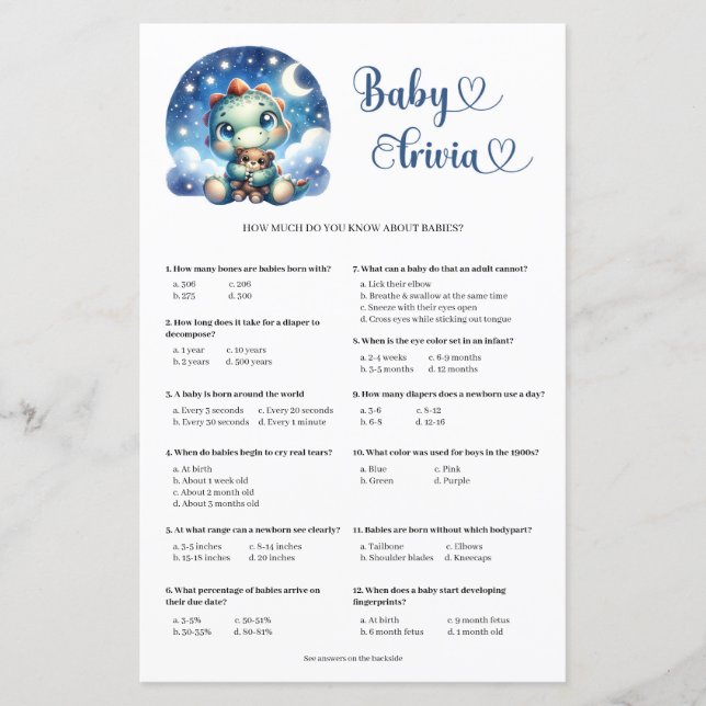 Cute baby dino hugging teddy bear Baby Trivia game (Front)