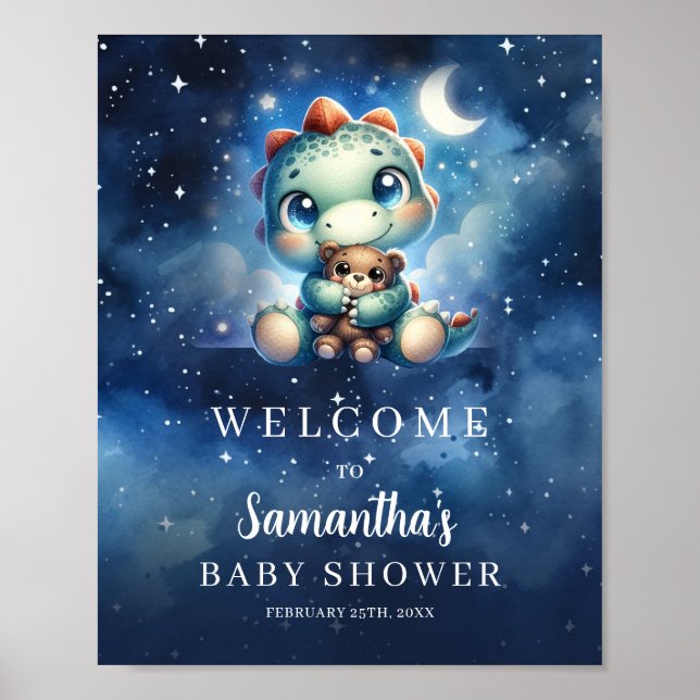 Cute baby dino hugging teddy bear welcome sign (Front)