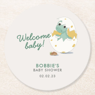 Cute Baby Dino in Egg Baby Shower Welcome Party Round Paper Coaster