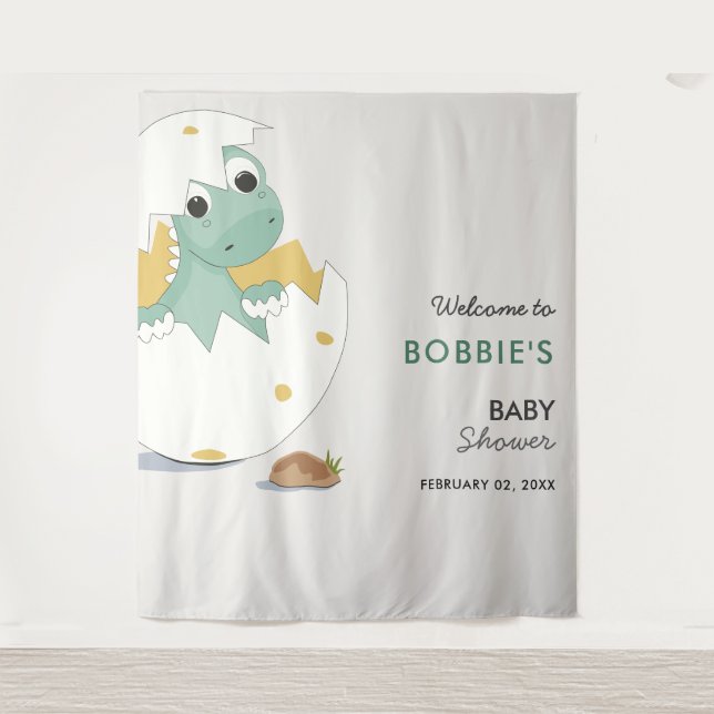 Cute Baby Dino in Egg Neutral Baby Shower Backdrop Tapestry (Front)
