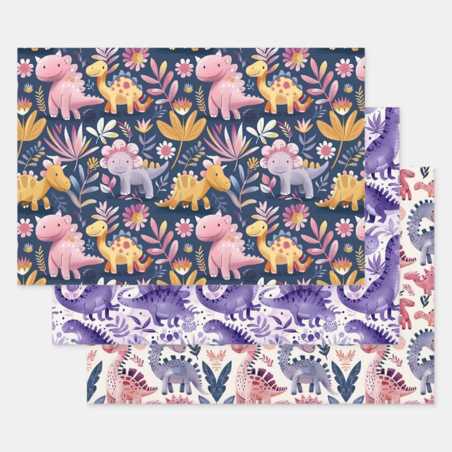 Cute baby dinos, boho style seamless wrapping paper sheet (Set)