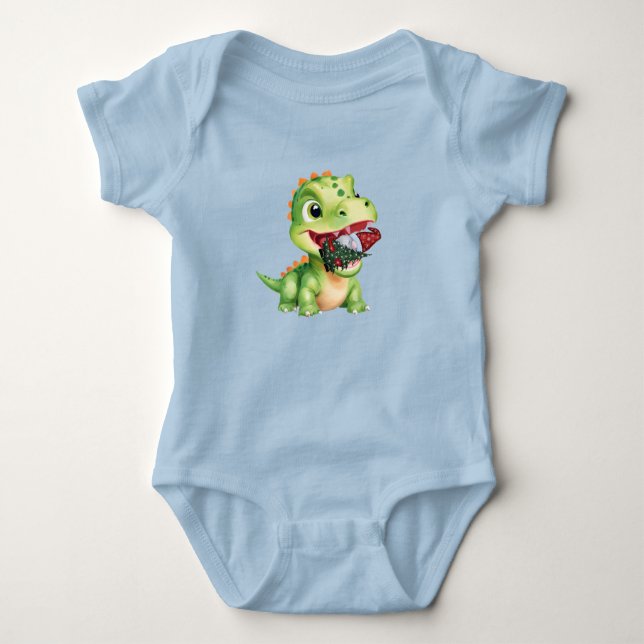 Cute baby Dinosaur eat Gnome Christmas tree party  Baby Bodysuit (Front)