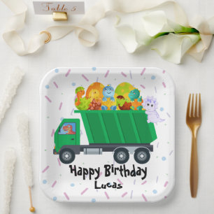 Cute baby dinosaur egg garbage truck Birthday Part Paper Plate