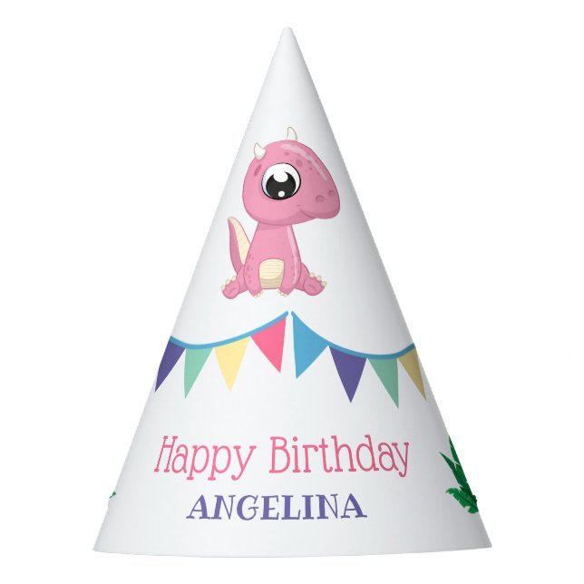 Cute Baby Dinosaur Girl Birthday  Party Hat (Front)