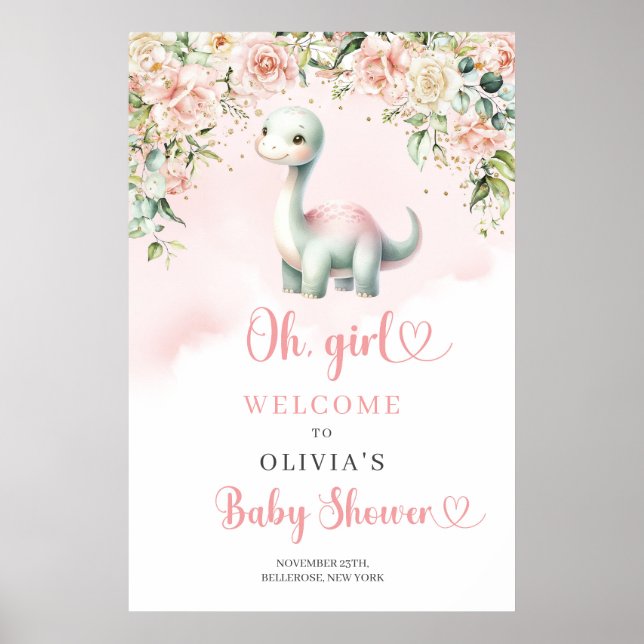 Cute baby dinosaur girl blush roses welcome poster (Front)