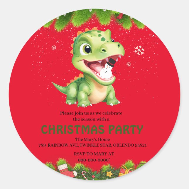 Cute baby Dinosaur holding snowman Christmas party Classic Round Sticker (Front)