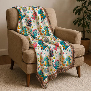 Cute Baby Dinosaur Teal Colourful Dino Throw Blank Blanket