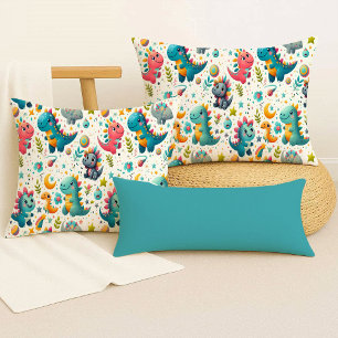Cute Baby Dinosaur Teal Colourful Dino Throw Pillo Cushion