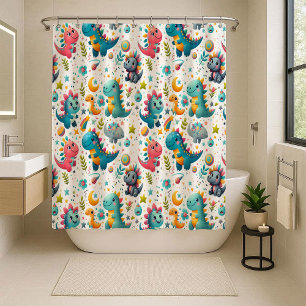 Cute Baby Dinosaur Teal Kids Dino Shower Curtain