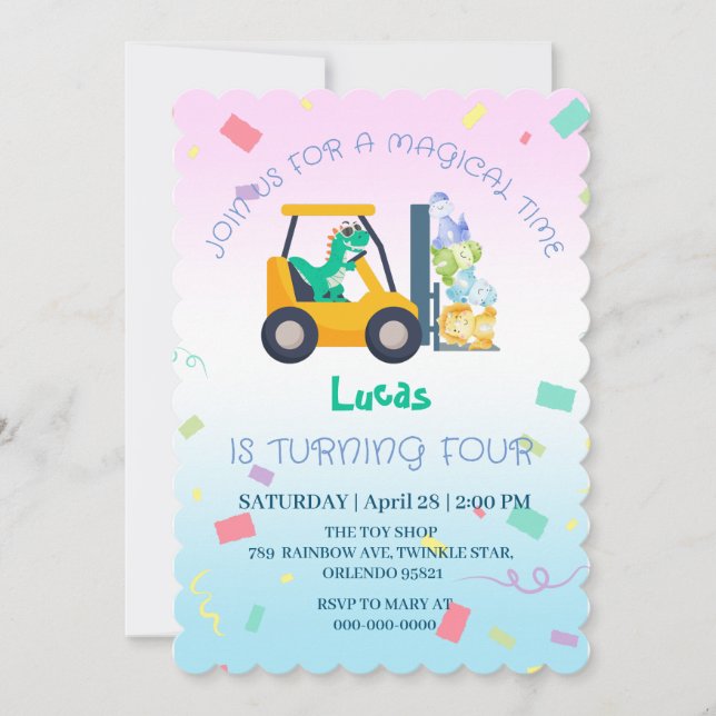 Cute baby dinosaur tractor Truck Birthday DIY Name Invitation (Front)
