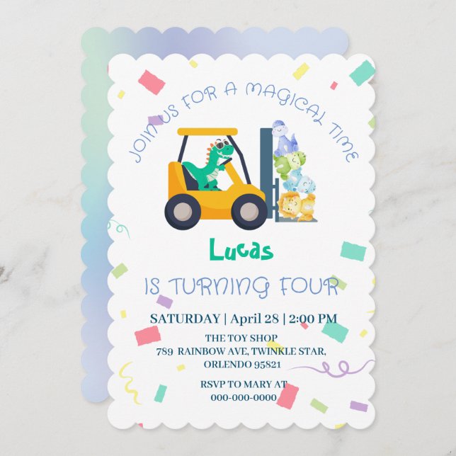 Cute baby dinosaur tractor Truck Birthday DIY Name Invitation (Front/Back)