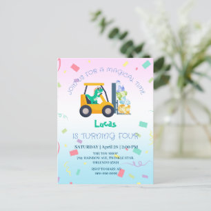 Cute baby dinosaur tractor Truck Birthday kid Name Postcard