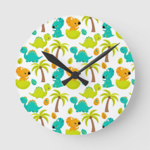 Cute Baby Dinosaur Triceratops Dino Eggs Palm Tree Round Clock