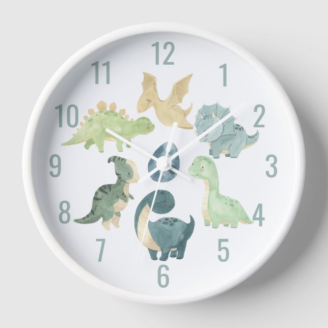 Cute Baby Dinosaur Watercolor Blue Clock (Front)